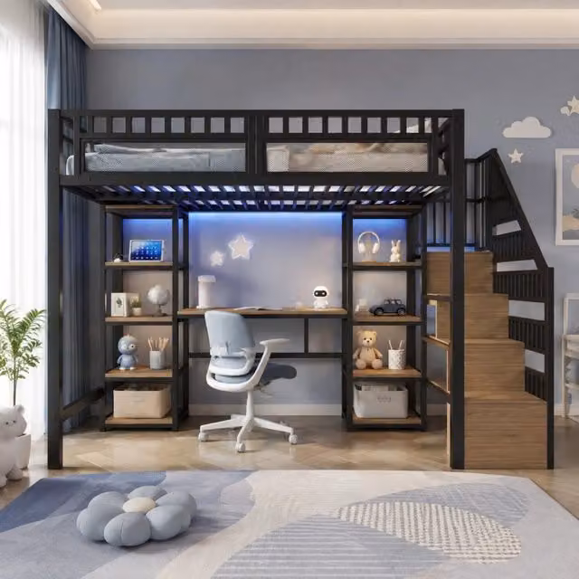 Letto a soppalco 140x200 cm con struttura in ferro, scrivania integrata, scaletta con spazio contenitore, LED e porte USB, nero
