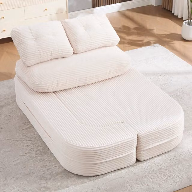Divano letto 2 in 1 165 cm; seduta extra profonda e 2 portabicchieri; velluto a coste; beige