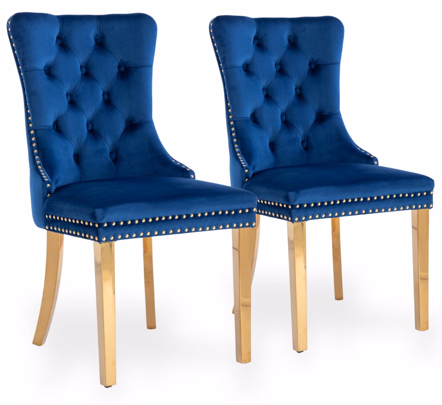 Set di 2 poltrone da pranzo in velluto, con schienale alto e struttura in legno rivestita di gomma dorata, colore blu