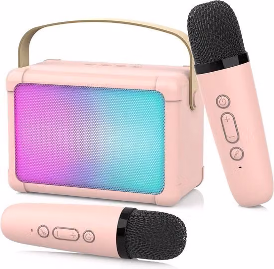 Macchina karaoke portatile per bambini con 2 microfoni a radiofrequenza, Bluetooth, effetti voce e illuminazione LED, colore rosa