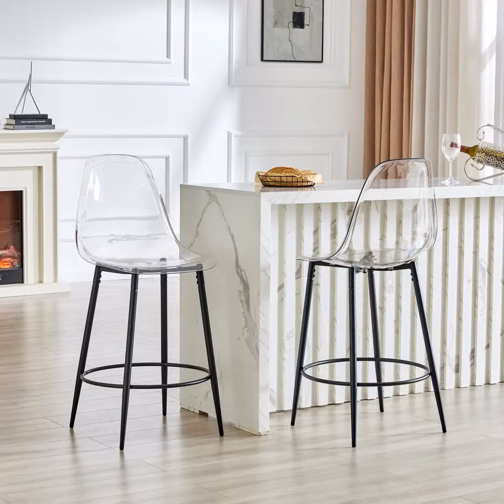 Set di 2 sgabelli da bar Chicfurn trasparenti con schienale ergonomico e struttura in metallo nero e plastica – 2