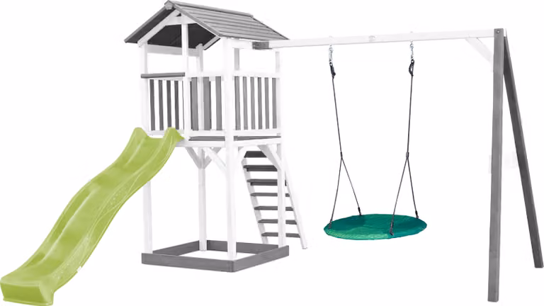 AXI Beach Tower parco giochi in legno in grigio e bianco | Torre di gioco per bambini con sabbiera, altalena a nido e scivolo verde lime | Casa per bambini su palafitte per il giardino