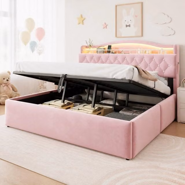 Letto Contenitore REDOM in Velluto Rosa con LED e Porte USB, L/P/H: 180 x 200 x 117 cm