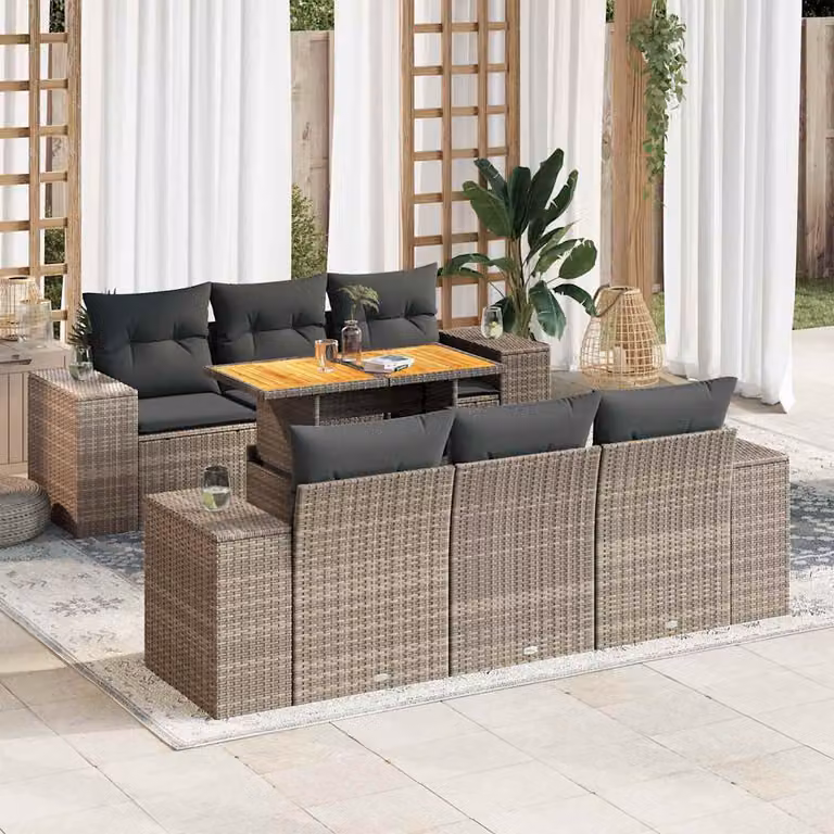 Set da giardino vidaXL in polyrattan grigio composto da 7 pezzi con cuscini e tavolino da esterno