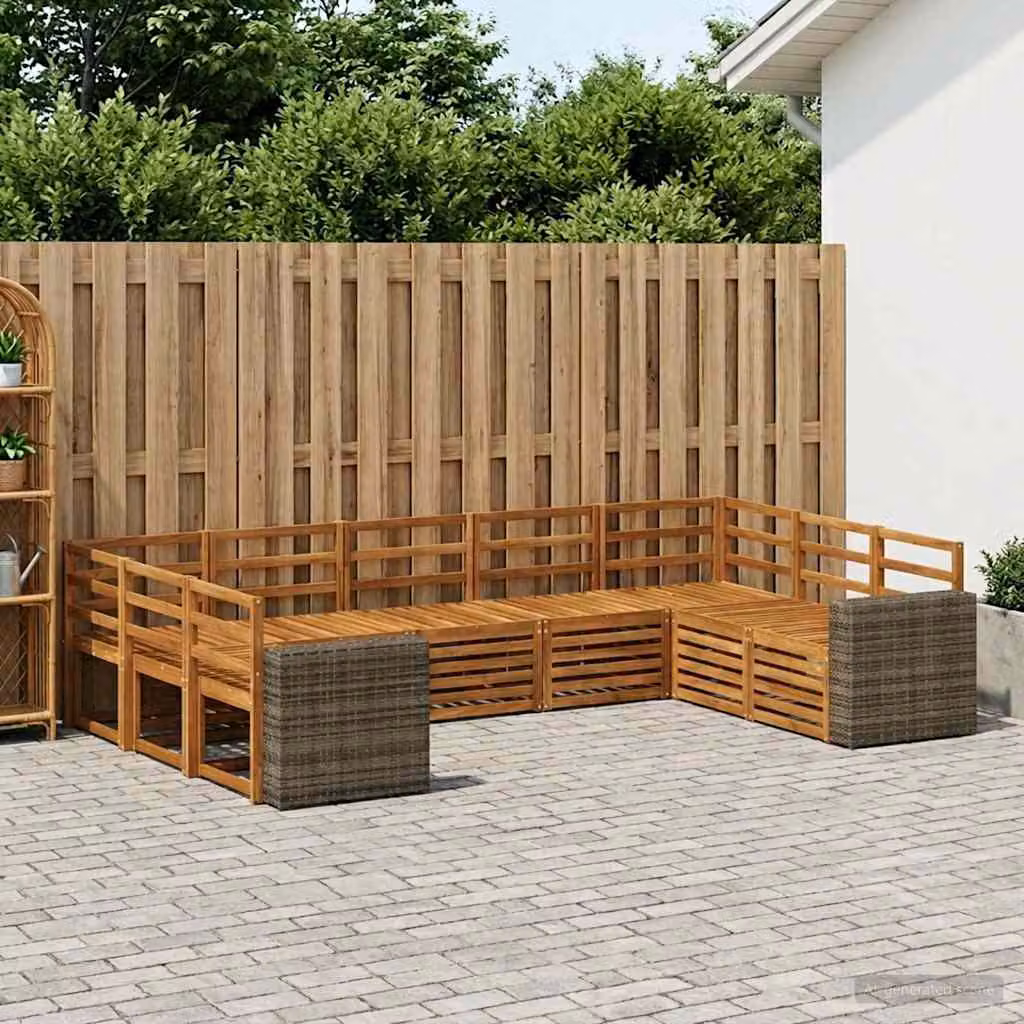 vidaXL Set di divani da esterno a L composto da 9 pezzi in legno di acacia massello marrone con cuscini inclusi
