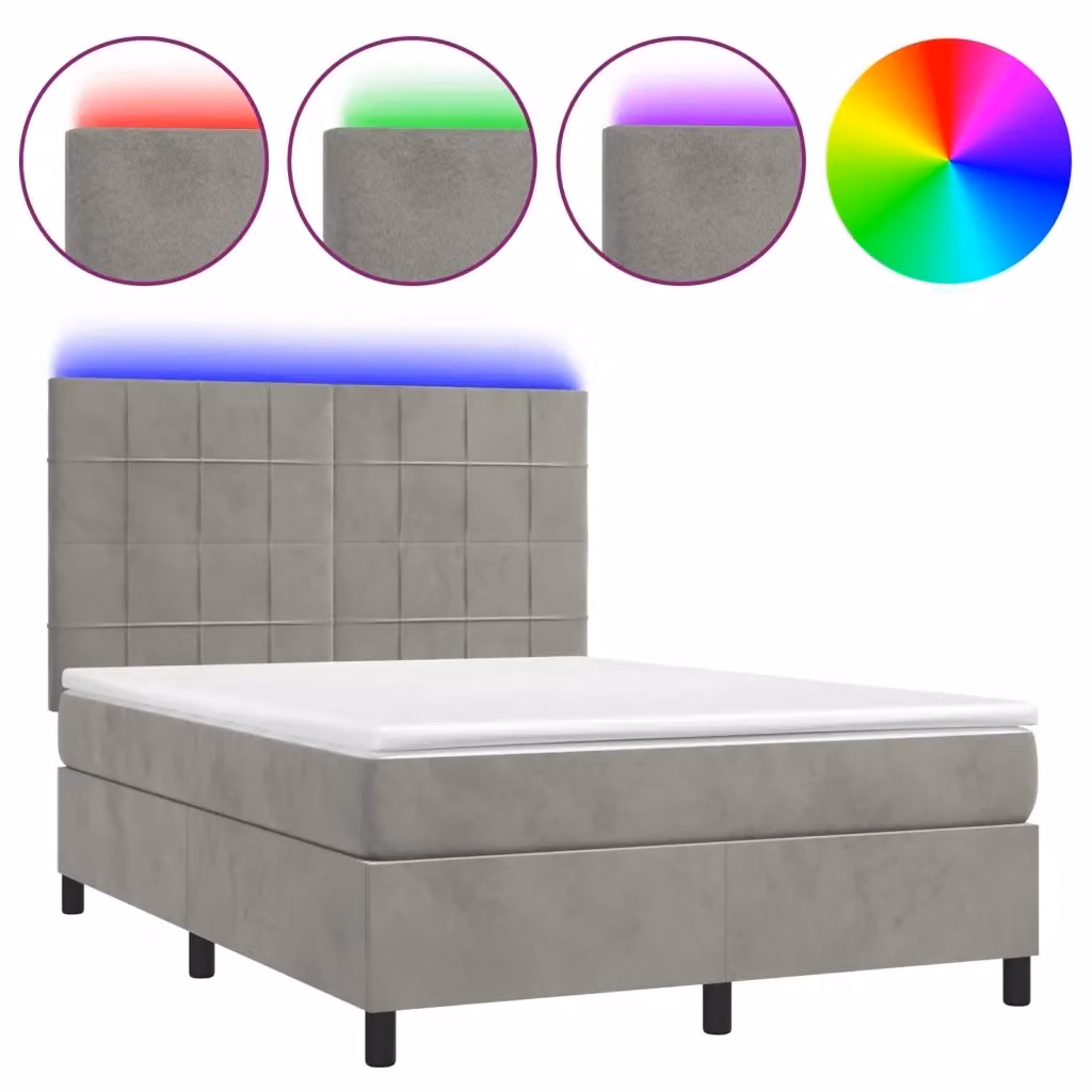 Letto matrimoniale con materasso ibrido e illuminazione LED vidaXL in velluto grigio chiaro L/P/H: 203 x 144 x 128 cm – 2