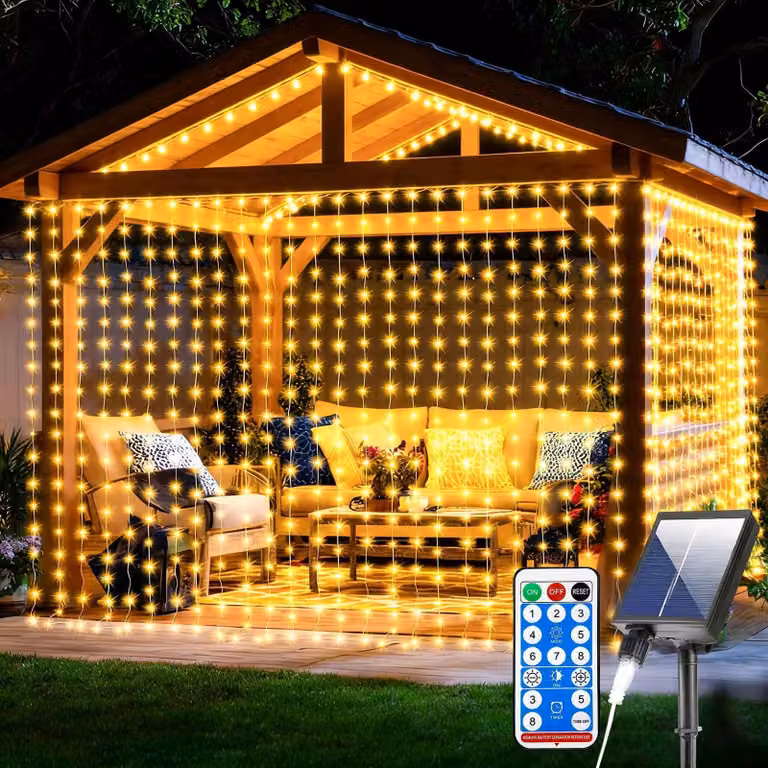 Tenda luminosa con 300 LED, dimensioni 3x3 metri, alimentazione solare, luce bianca calda, grado di protezione IP65