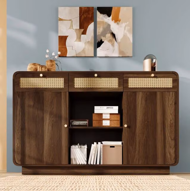Credenza ULEVR 120x40x85 cm noce con 3 cassetti, 2 ante, ripiani regolabili e vano aperto