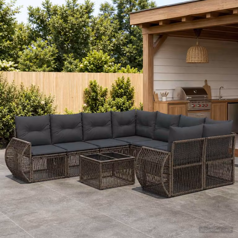 Set Divano da Giardino vidaXL 9 pz Grigio in Polyrattan con Tavolino e Cuscini