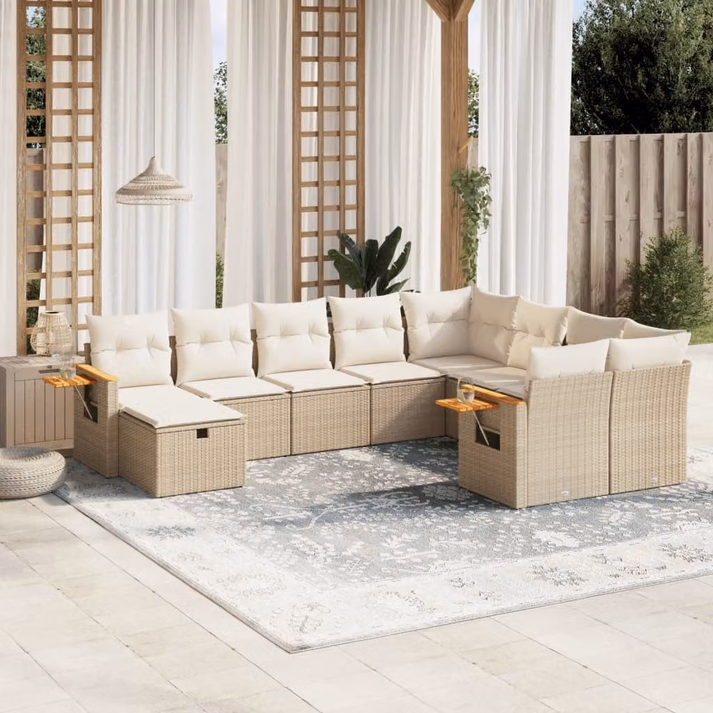 Set Divano da Giardino vidaXL 10 pz in Polyrattan Beige con Cuscini e Tavolino da Caffè – 1