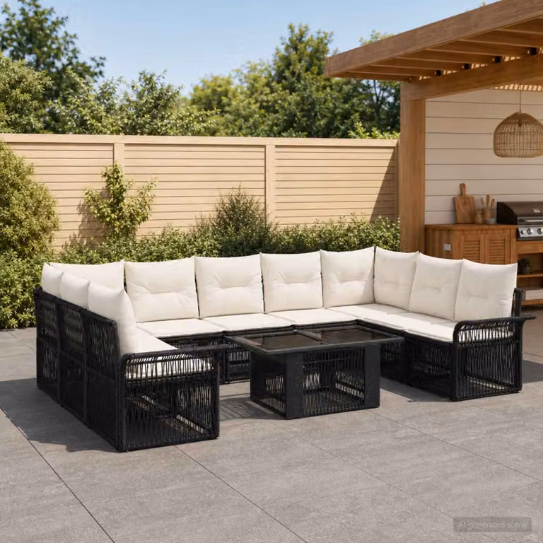 Set Divano da Giardino vidaXL 10 Pezzi a Forma di U con Tavolino, Colore Nero e Bianco Crema, Struttura in Metallo e Polyrattan con Cuscini Inclusi