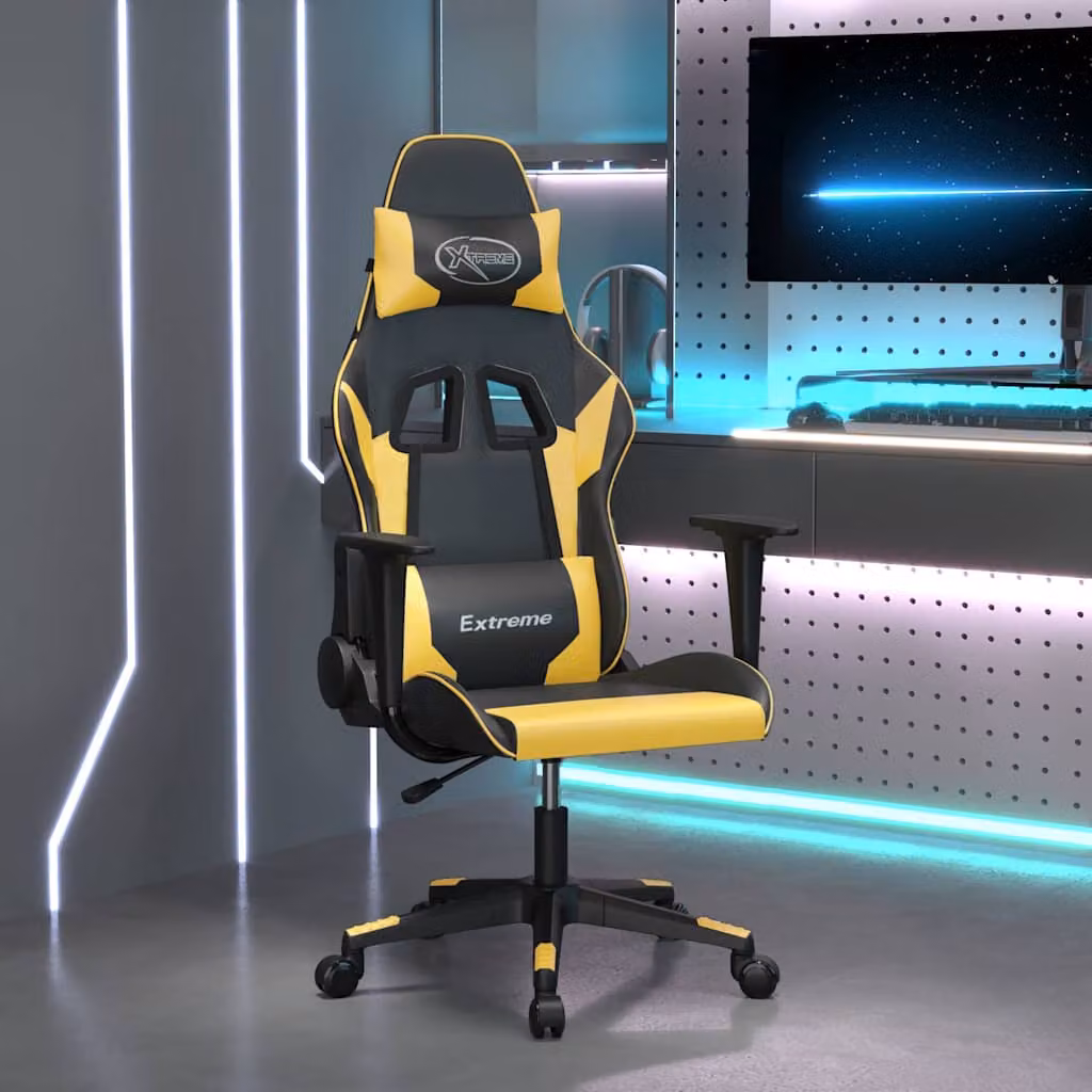 Sedia da Gaming vidaXL Nera e Oro in Similpelle con Braccioli e Ruote, Ruotabile a 360 Gradi