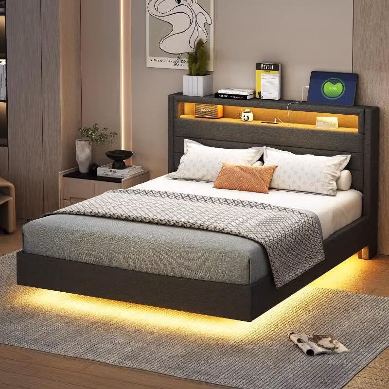 Letto imbottito 140x200 cm con presa USB, illuminazione LED e testiera reversibile con spazio contenitore, rivestito in lino grigio, con struttura a piedi nascosta, ideale per la camera da letto
