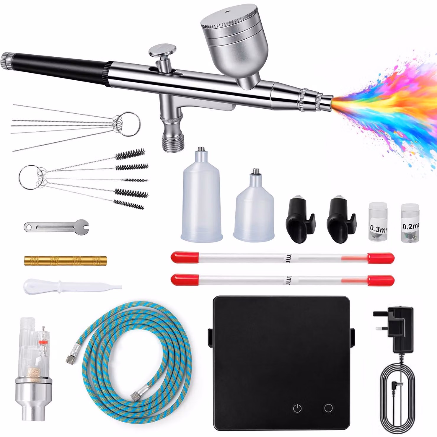 Kit aerografo con compressore, 40 psi, dotato di 3 ugelli (0,2/0,3/0,5 mm)