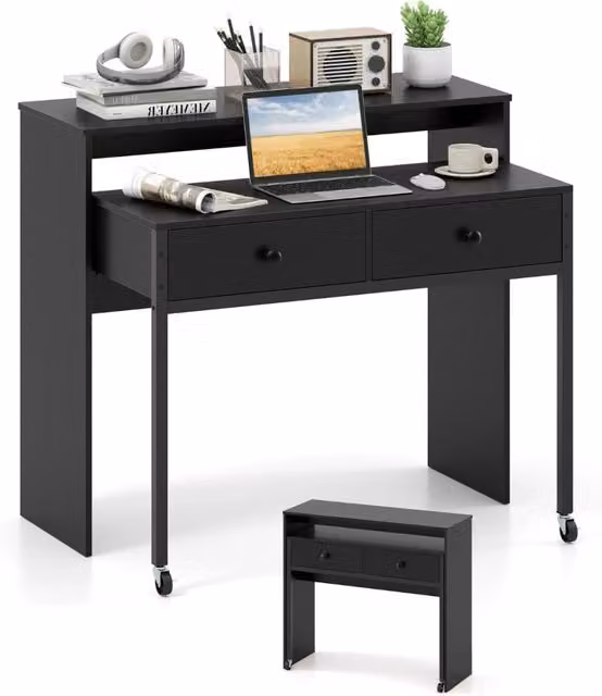 Scrivania per computer estensibile con cassetti e ruote in finitura nera opaca per ufficio o camera da letto L: 100 cm, P: 88 cm, H: 36 cm – 1
