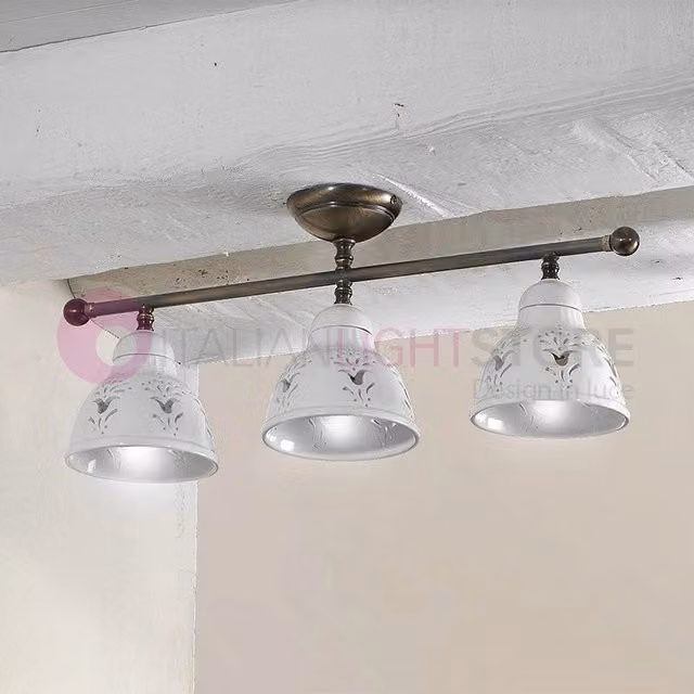 MASSERIA Plafoniera a Soffitto 3 Luci Ottone e Ceramica Rustico Country