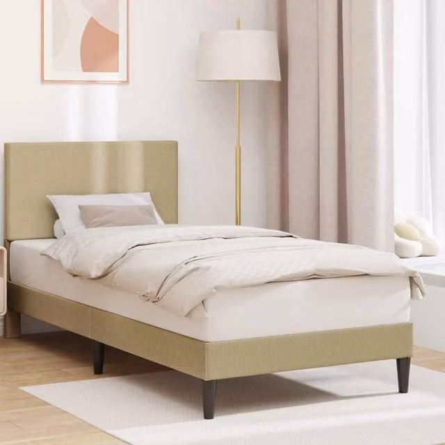Struttura letto imbottita con giroletto in tessuto verde, grigio e beige L/P/H: 202 x 90 x 94 cm – 1