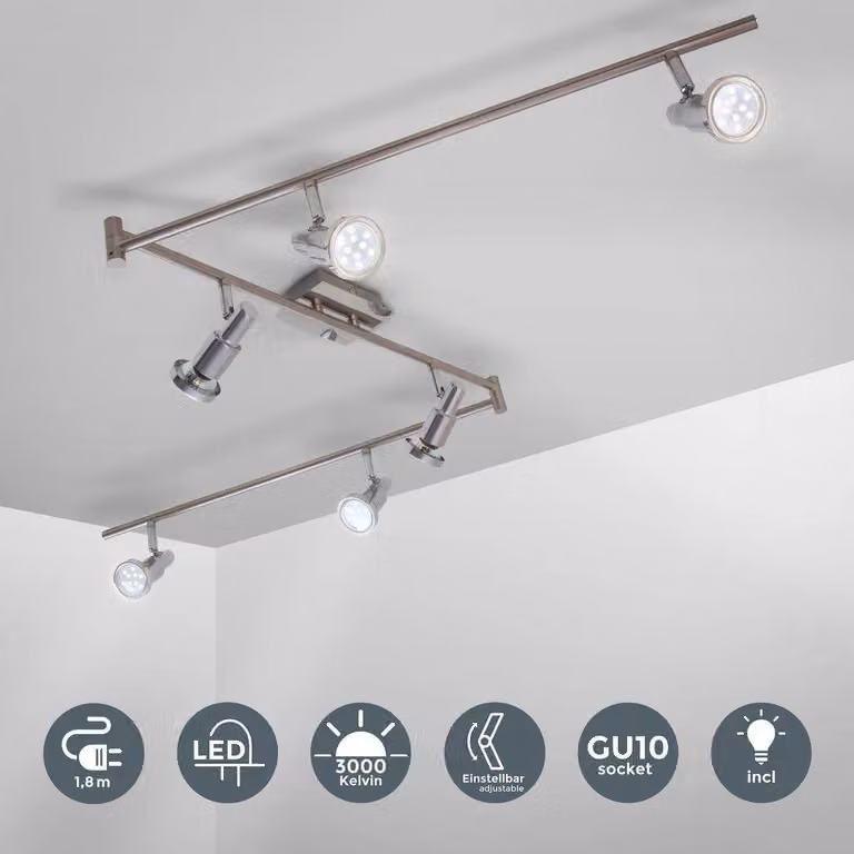 Plafoniera LED con faretti orientabili, include 6 lampadine GU10 da 5W 400Lm, luce calda 3000K lampadario moderno in metallo, lampada da soffitto per cucina o camera da letto 230V IP20