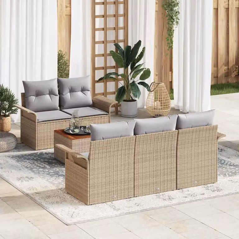Set Divano da Giardino a L vidaXL in Polyrattan Beige con Cuscini e Tavolino da 6 Pezzi