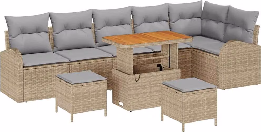 Set Divano da Giardino con cuscino 9 pcs Beige polyrattan