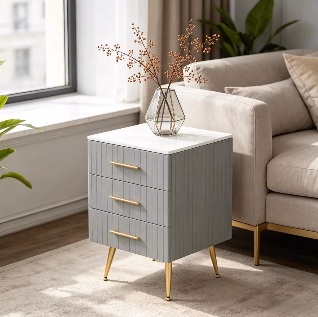 Comodino MODFU con 3 cassetti in MDF e velluto grigio con gambe in metallo dorato L/P/H: 40,5 x 41 x 62 cm – 2