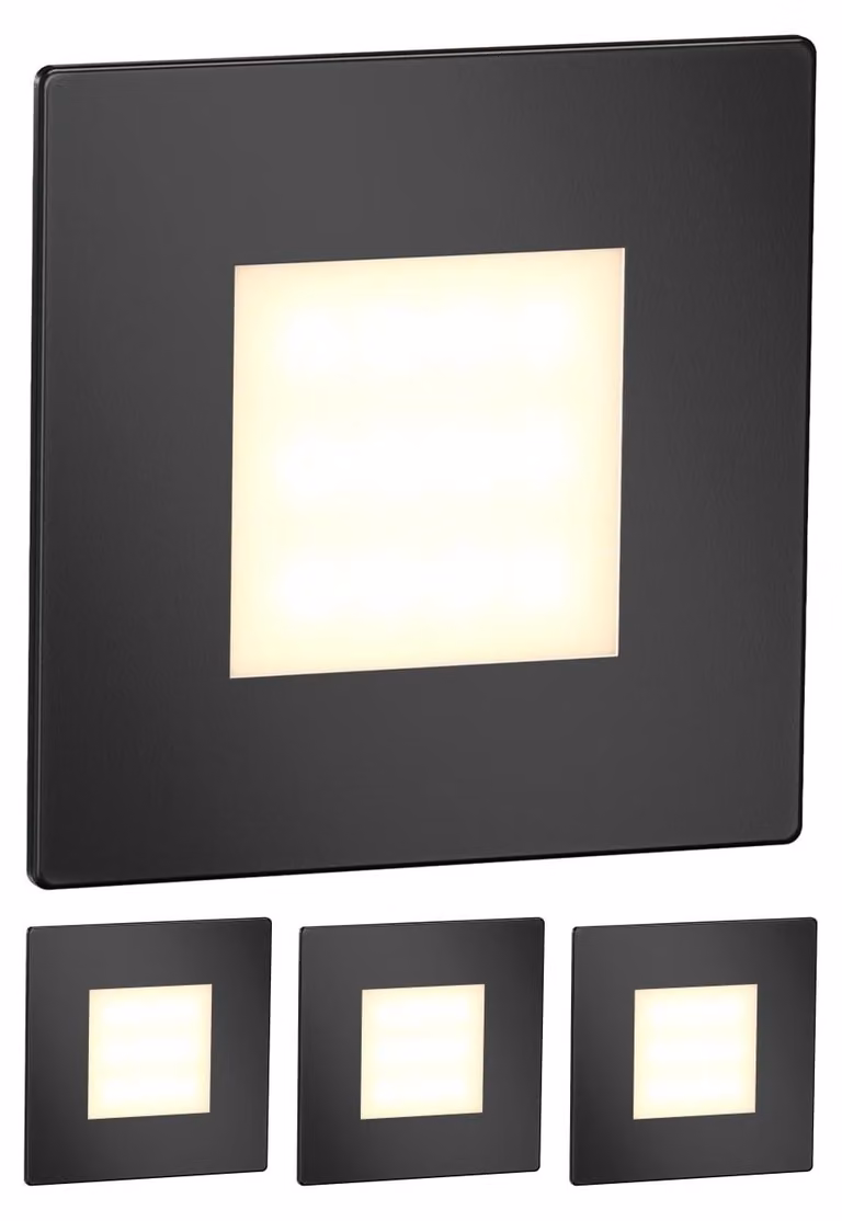 ledscom.de - 4 luci LED per scale/applique da incasso FEX, per interni ed esterni, a forma quadrata, nere, 85 x 85 mm, luce bianco caldo – Colore: nero / Temperatura di colore: bianco caldo, Quantità: 4 pezzi (confezione da 1)