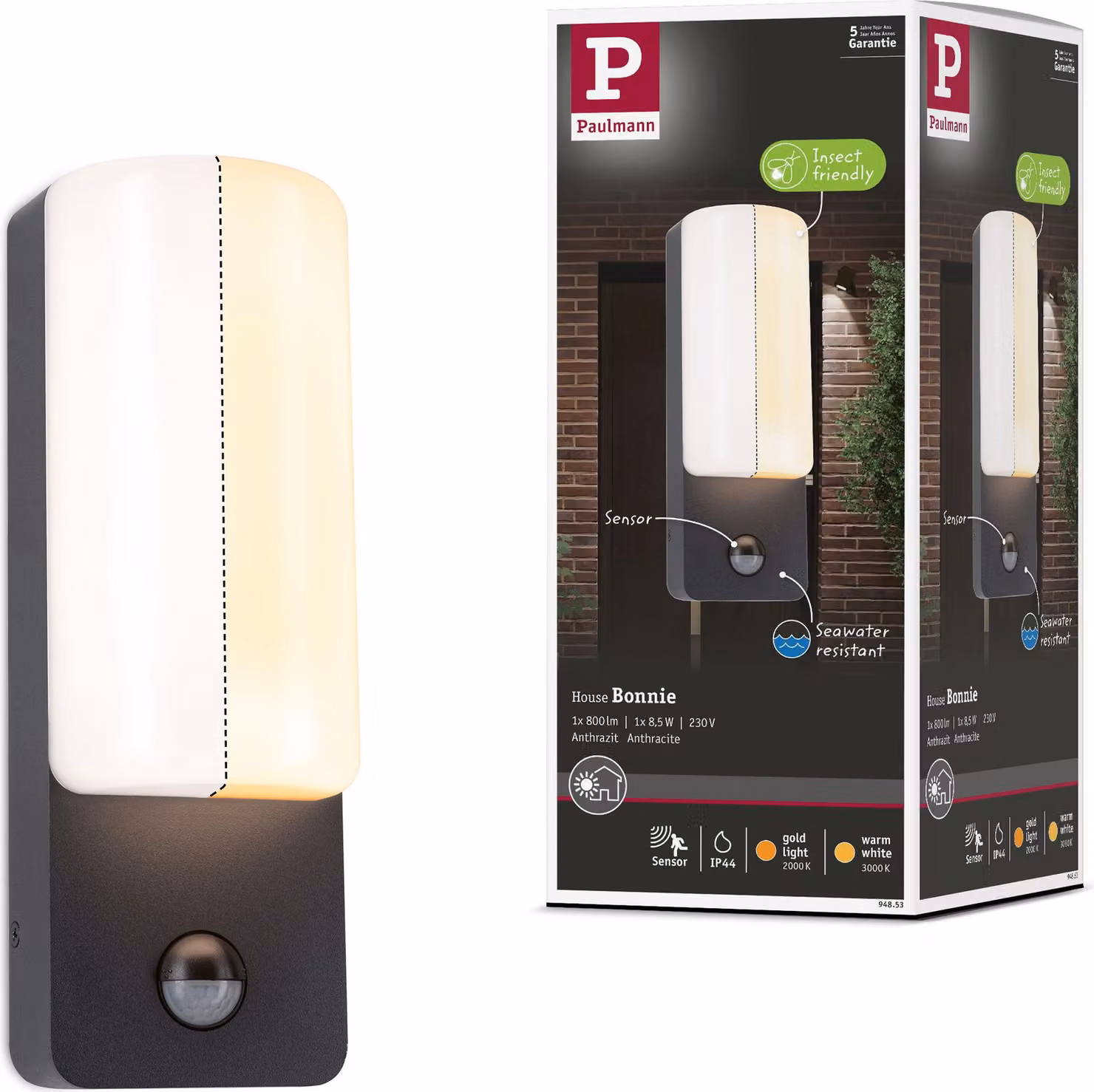 Paulmann Lampada da parete per esterni a LED Bonnie Rilevatore di movimento crepuscolare (IR) resistente agli insetti e all'acqua di mare
