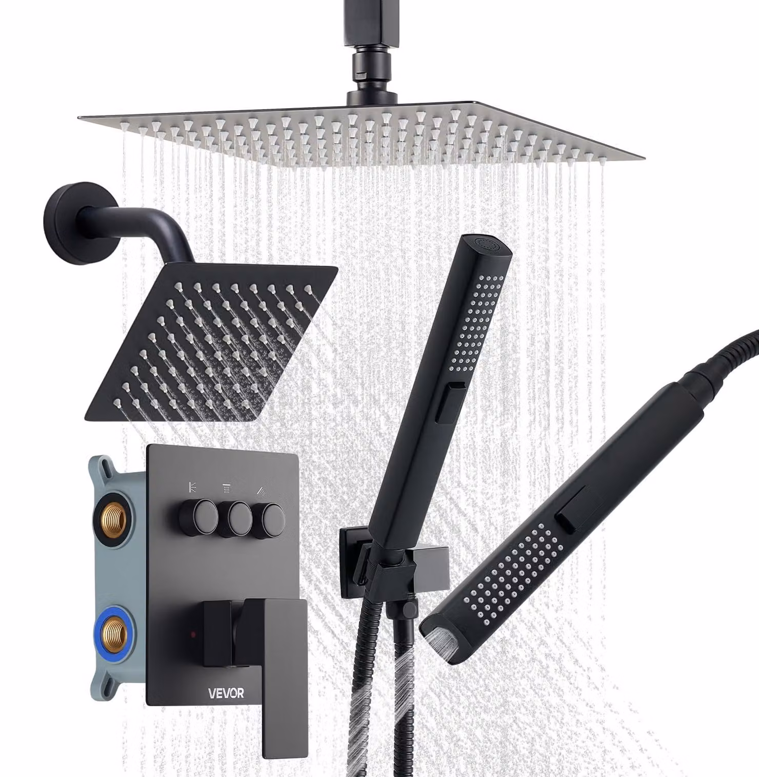Sistema doccia a 3 funzioni, soffione a pioggia da 25,5 cm, 6 ugelli a parete, doccetta manuale, colore nero opaco