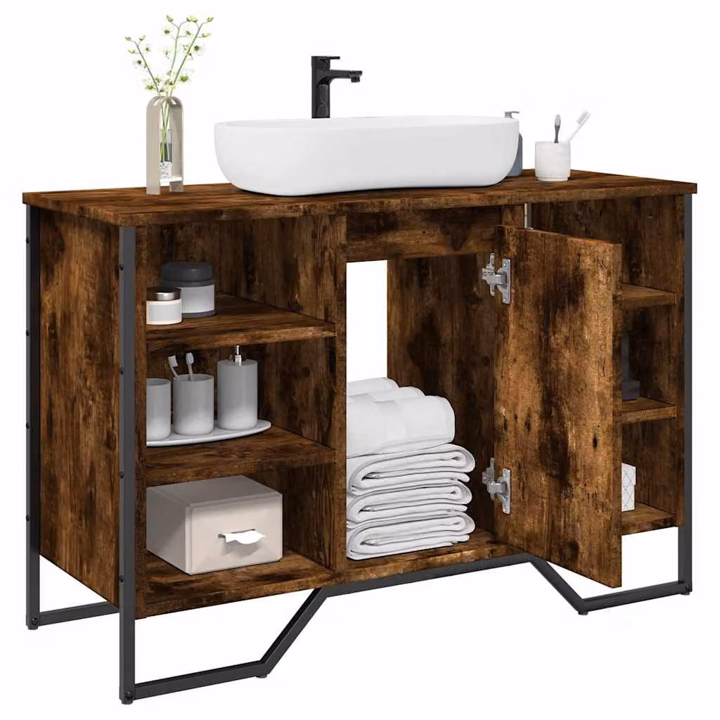 Mobile Lavabo da Bagno vidaXL in Rovere Fumo con Ante a Battente e Ripiani Interni, L: 91 cm, P: 35 cm, H: 60 cm