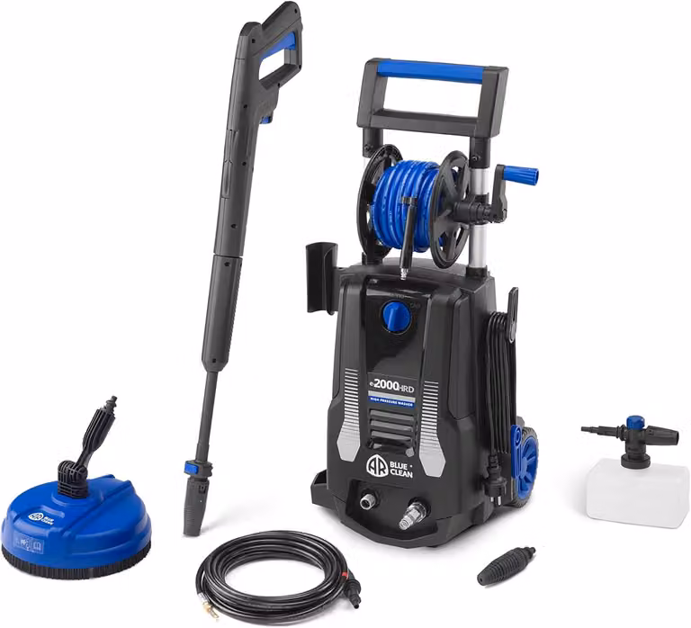 Idropulitrice – Macchina per la pulizia da 2000 W – 150 bar, con spazzola per terrazzi e avvolgitore per il tubo
