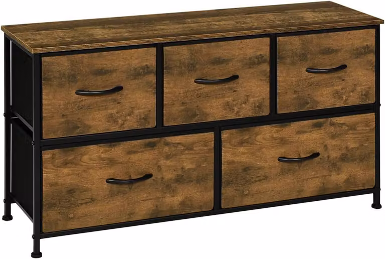 Comodino con 5 cassetti, struttura in metallo con finitura effetto legno | Colore marrone vintage | Dimensioni: 100x30x54 cm