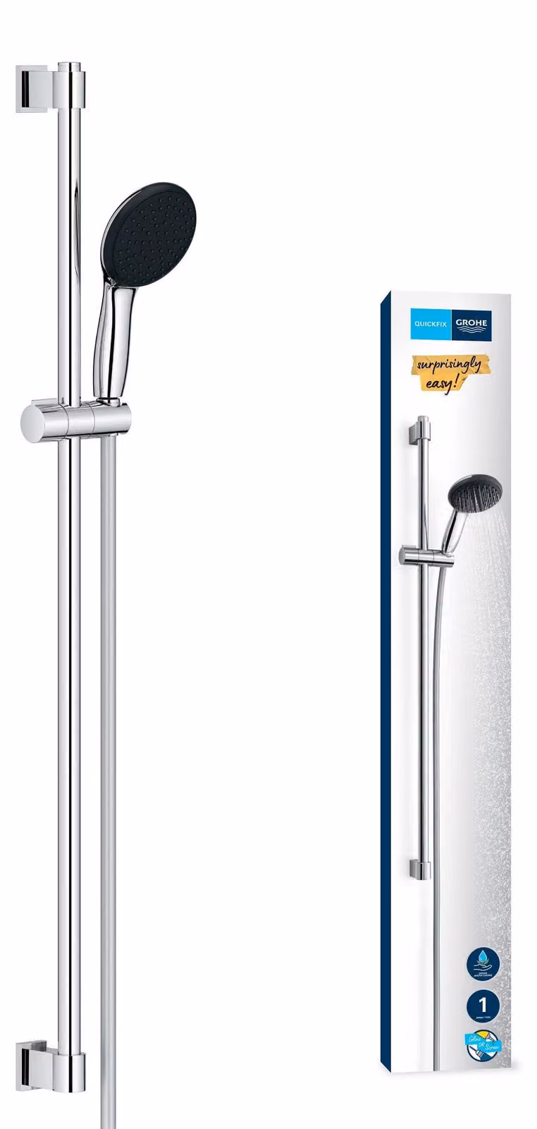 Set doccia Vitalio 110, a risparmio idrico, 8 l/min, cromato, rotondo, barra da 90 cm