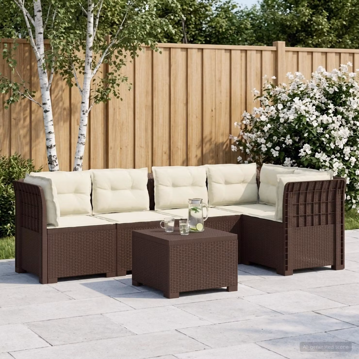 Set da giardino vidaXL a forma di L con divani e tavolino in polyrattan marrone e cuscini beige