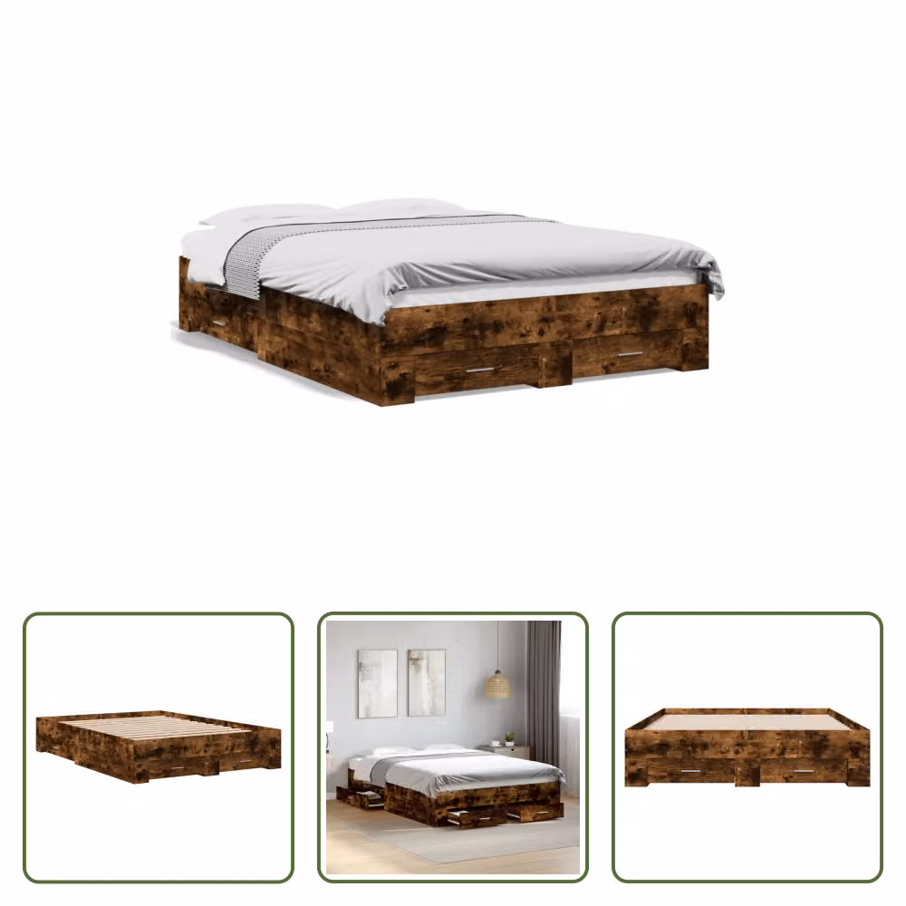 The Living Store Struttura letto con cassetti rovere fumé 140x190cm materiale legno