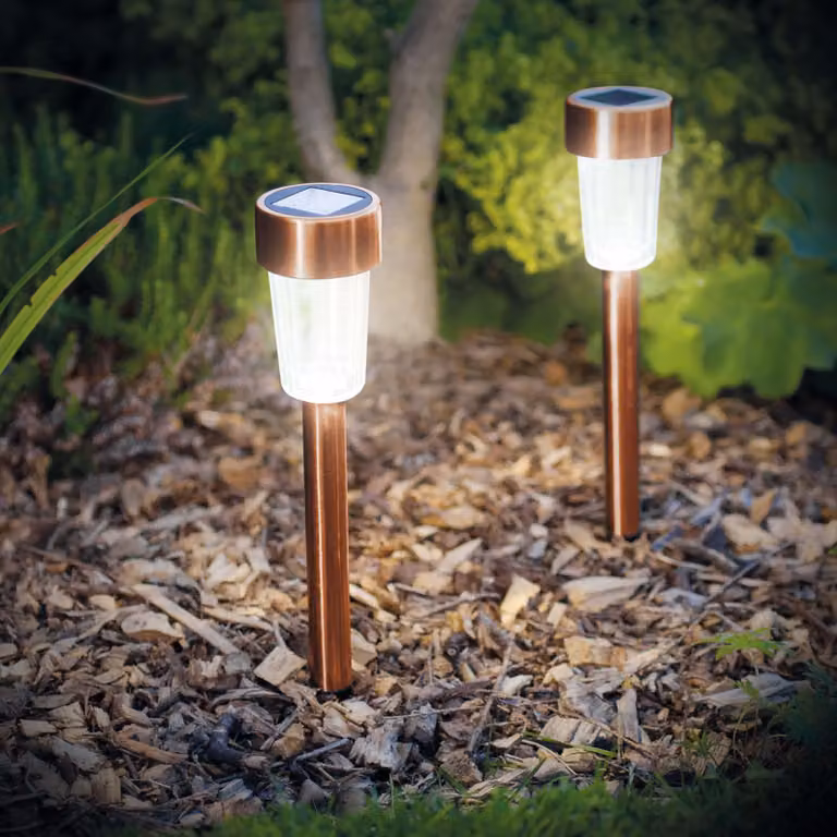 1x lampada da giardino a LED solare con picchetto - Bianco freddo - Oro rosa - Metallo - 30 cm - Alimentazione solare - Si accende automaticamente al tramonto - Illuminazione decorativa da esterno per giardini e vialetti [11702C]