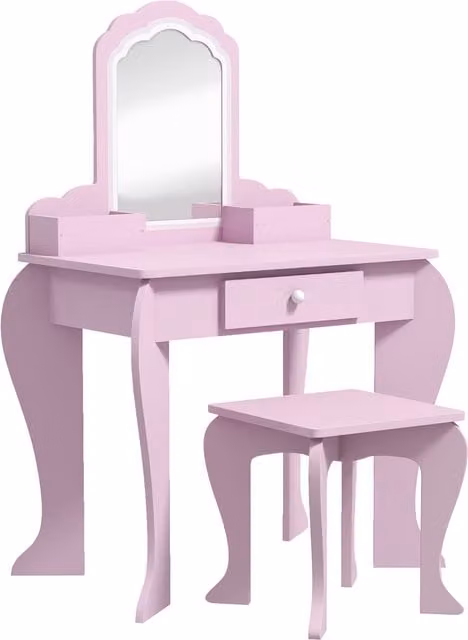 Set Toeletta per Bambina ZONEKIZ in Legno con Specchio, Sgabello, Cassetto e Contenitori, Colore Rosa – 1
