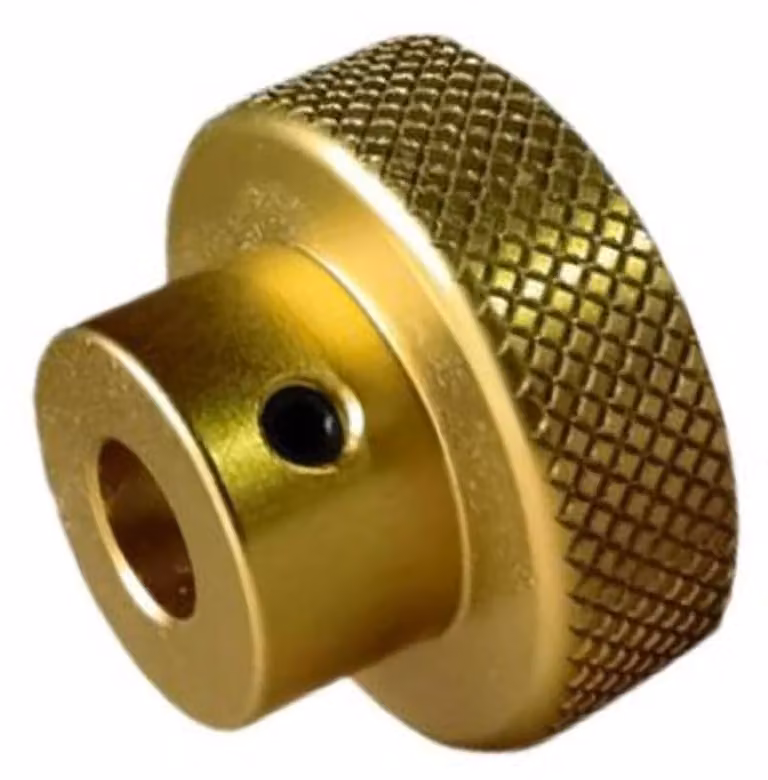 Manopola di 40 mm, foro di 6 mm, in alluminio, anodizzata dorata, con scanalature