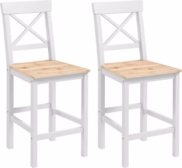 Set di 2 sgabelli da bar in legno di pino con schienale e poggiapiedi in stile rustico per cucina e soggiorno, colore naturale