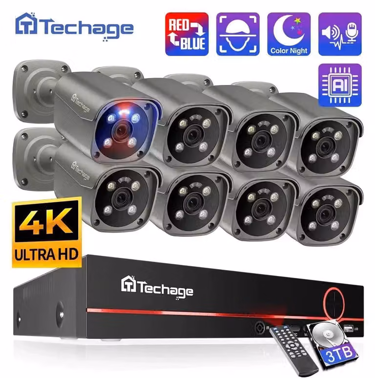 Sistema di telecamere di sicurezza a 8 canali, risoluzione 4K, con visione notturna e rilevamento di persone