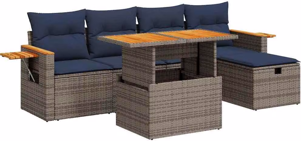 Set Divano da Giardino 6pz con Cuscini Grigio Polyrattan Acacia