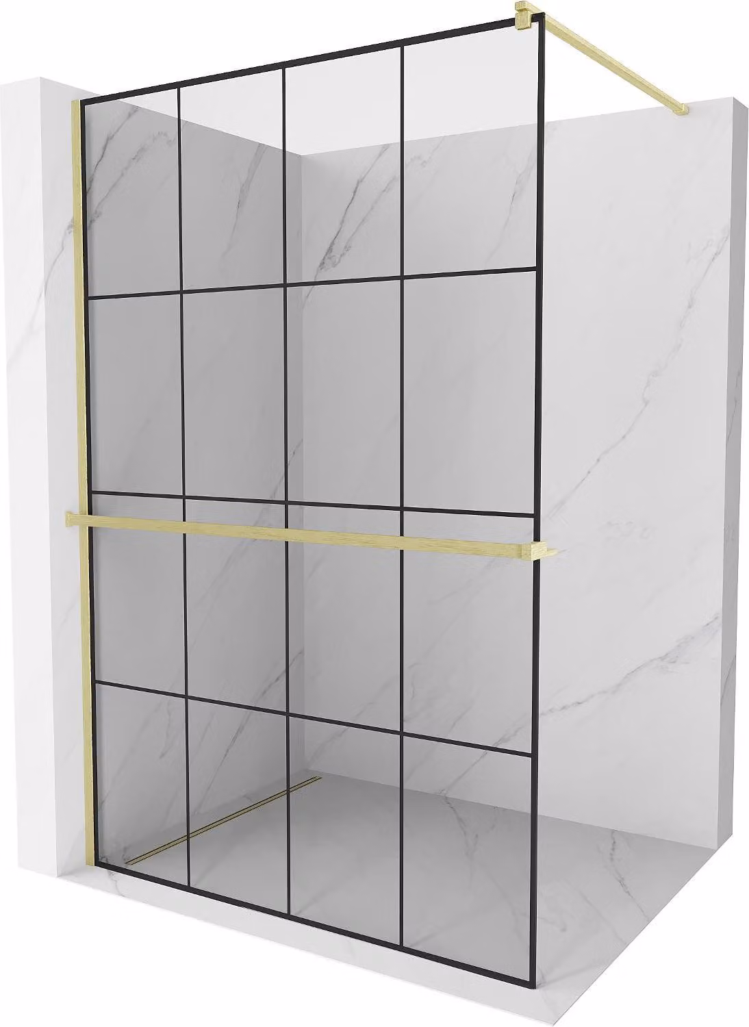 Mexen Kioto+ parete doccia con mensola Walk-in 130 x 200 cm, griglia nera, oro spazzolato - 800-130-121-55-77
