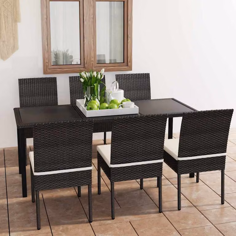Set da pranzo da giardino vidaXL in 7 pezzi in polyrattan nero e beige con piano in vetro