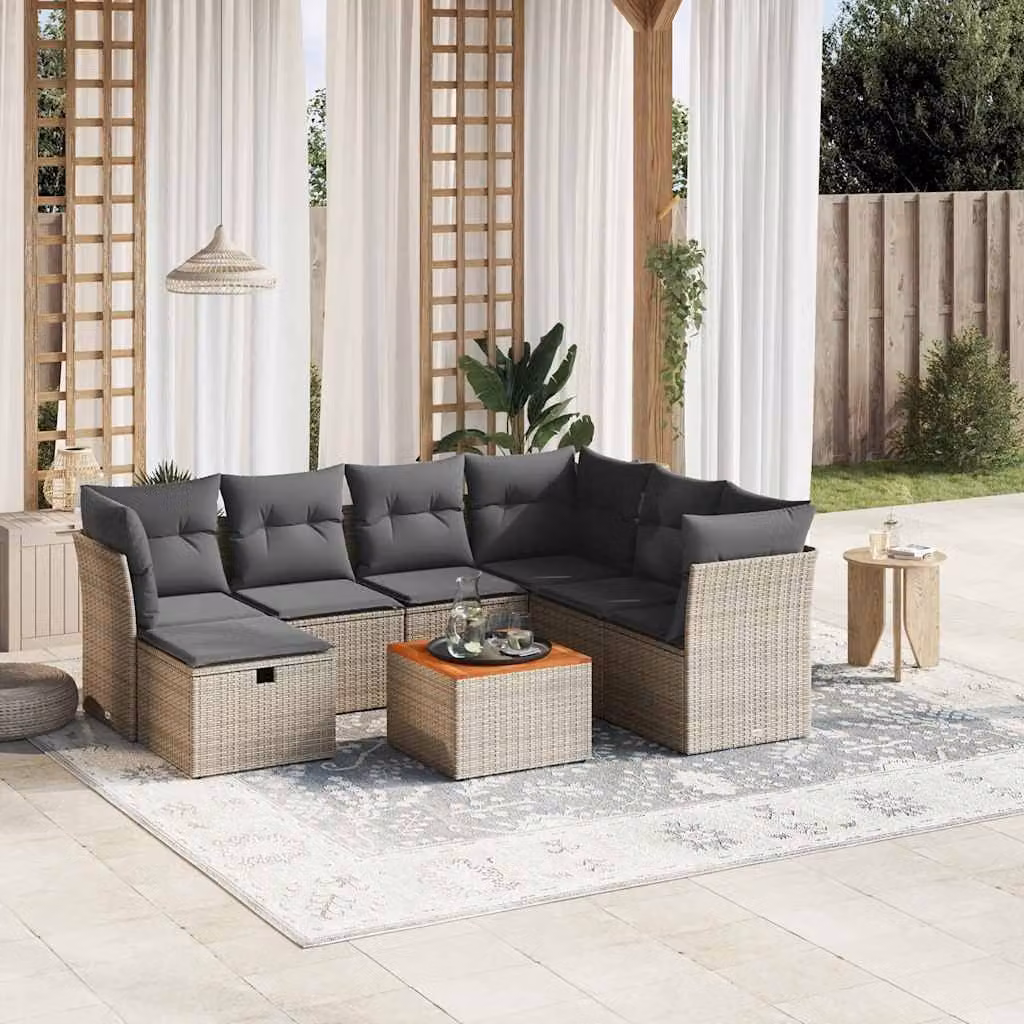 vidaXL Set Divano da Giardino 8 pz a L con Cuscini Grigio in Polyrattan e Struttura in Acciaio Verniciato a Polvere – 1
