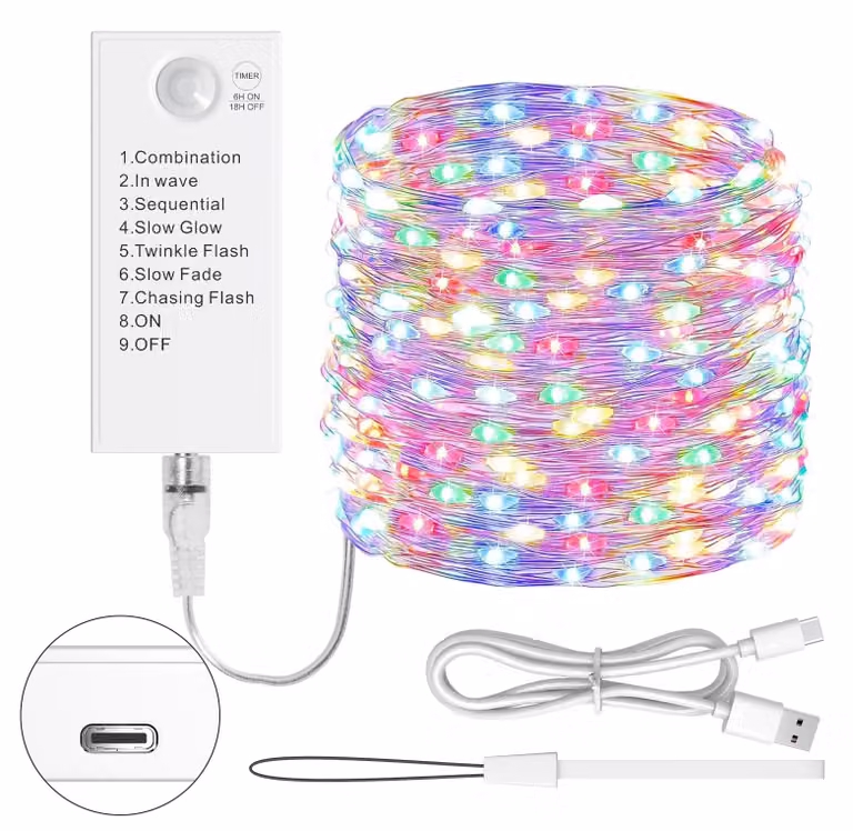 Catena luminosa a LED, 5 metri, 50 LED, ricaricabile, multicolore