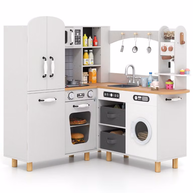 Cucina giocattolo ad angolo in legno Costway bianca con frigorifero a doppia porta e 12 accessori