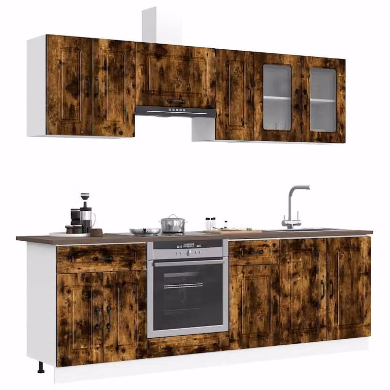 Set di mobili da cucina vidaXL Kalmar composto da 8 pezzi in legno multistrato color rovere fumo e marrone con ante in vetro e ripiani interni