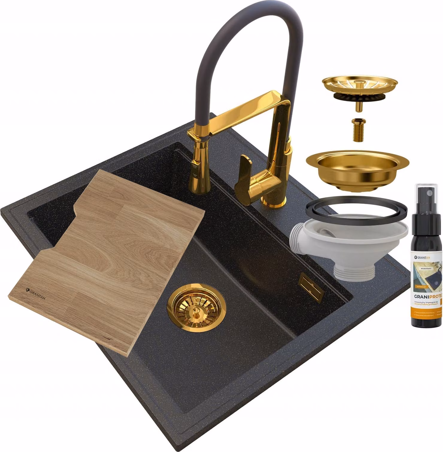 Granitan - Lavello in granito - Lavello da cucina - 56x50 cm - Nero - con rubinetteria VEGAS GOLD e tagliere - FOXAL