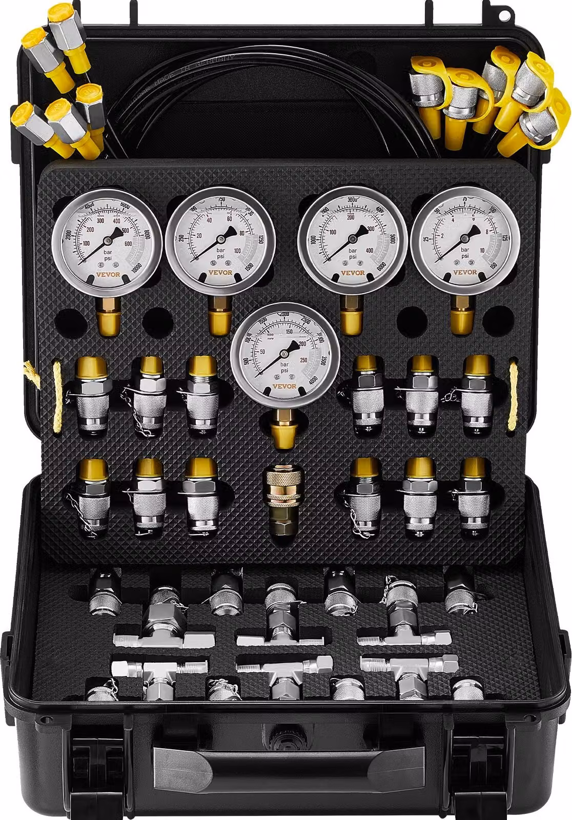 Kit di prova della pressione idraulica, 10/100/250/400/600 bar, 5 dispositivi di misurazione, 13 raccordi, 14 connessioni a T, 5 tubi flessibili di prova, set di manometri di prova idraulici per escavatori con borsa di trasporto per macchine escavatrici e