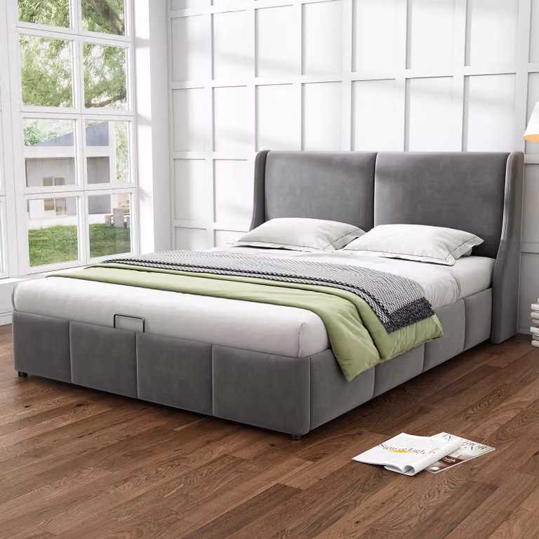 okwish Letto imbottito 140 x 200 cm, testiera a cuscini, letto matrimoniale, letto funzionale idraulico con rete, Grigio