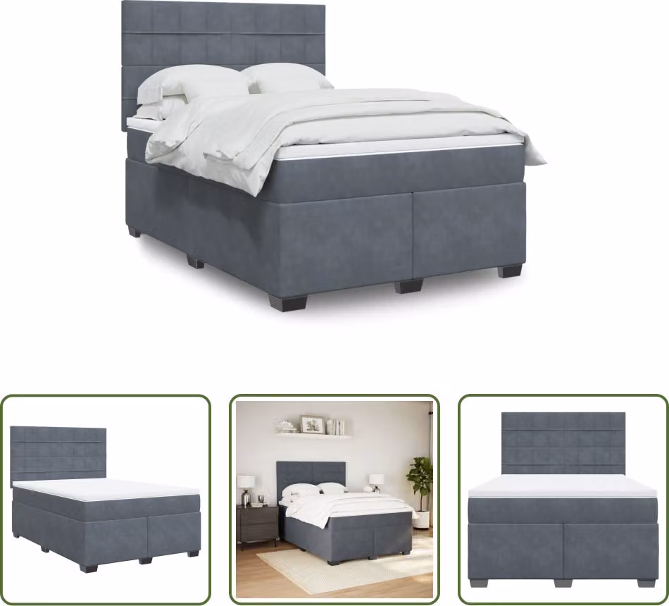 The Living Store Letto a molle con materasso grigio scuro 140x190 cm in velluto